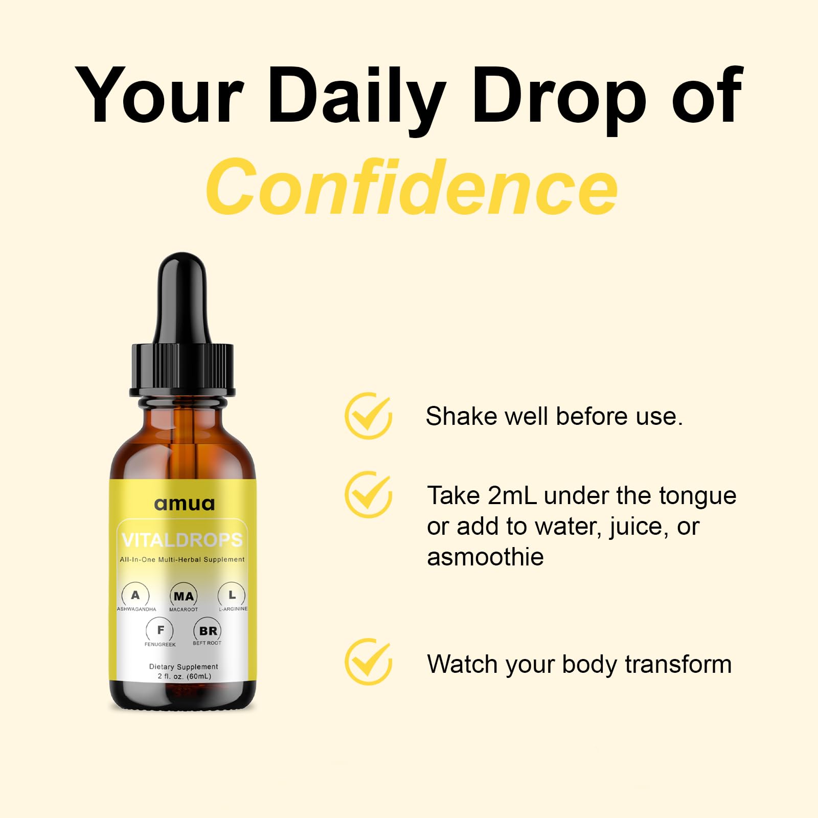 AMUA L-Arginine Supplement liquid bottle with a glass