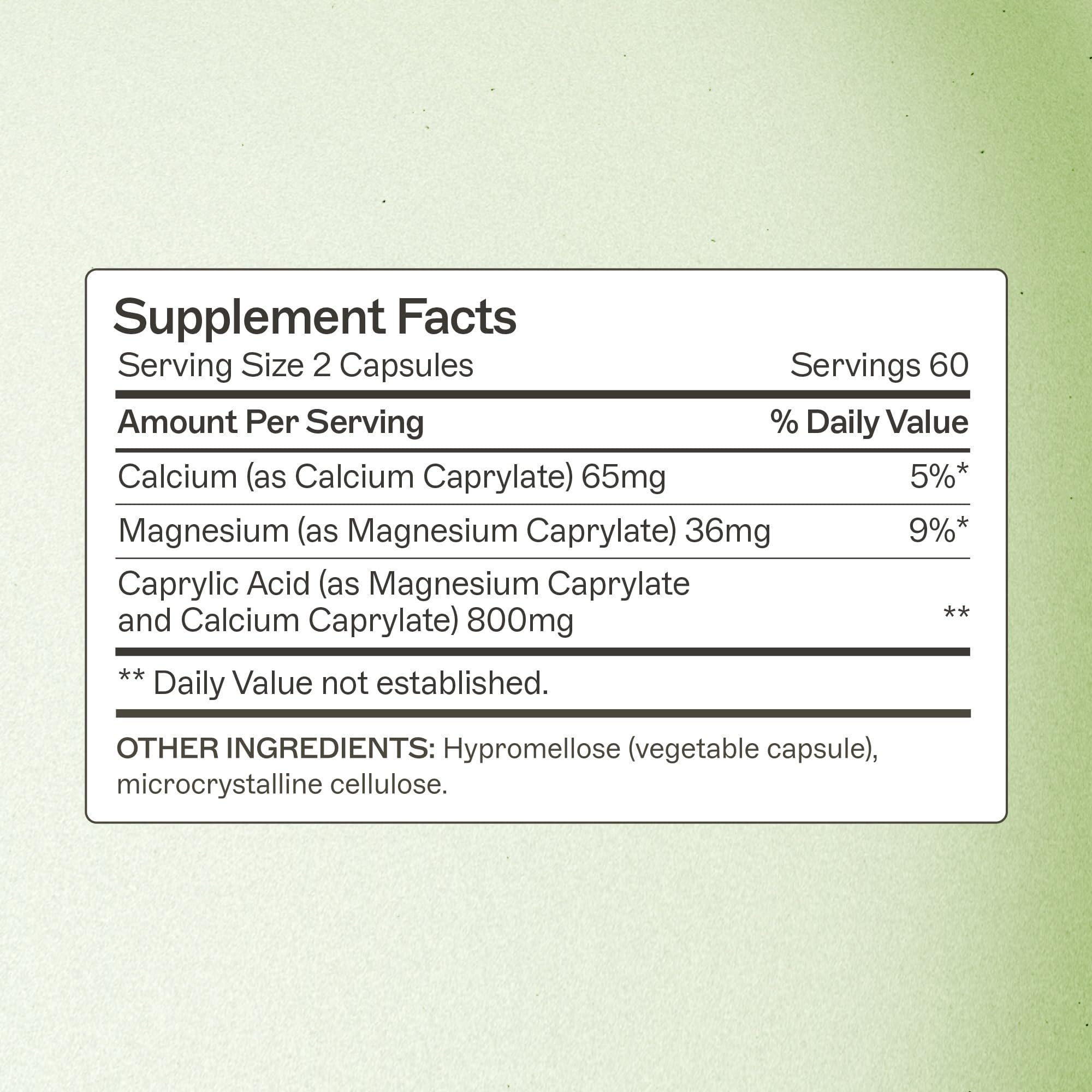 Amy Myers MD Caprylic Acid Capsules side view showing dosage instructions