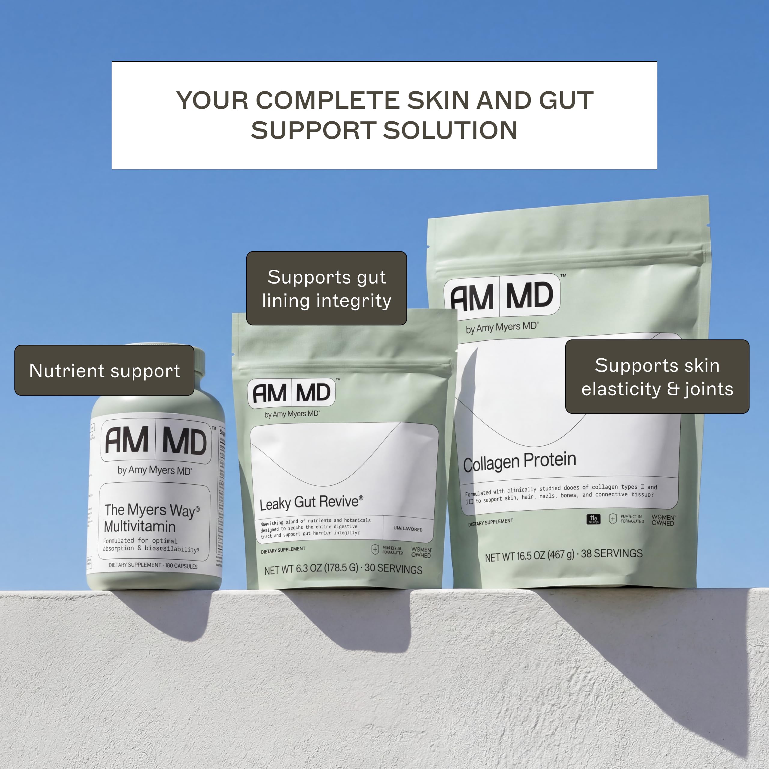 Amy Myers MD Collagen Protein Supplement with a glass of water