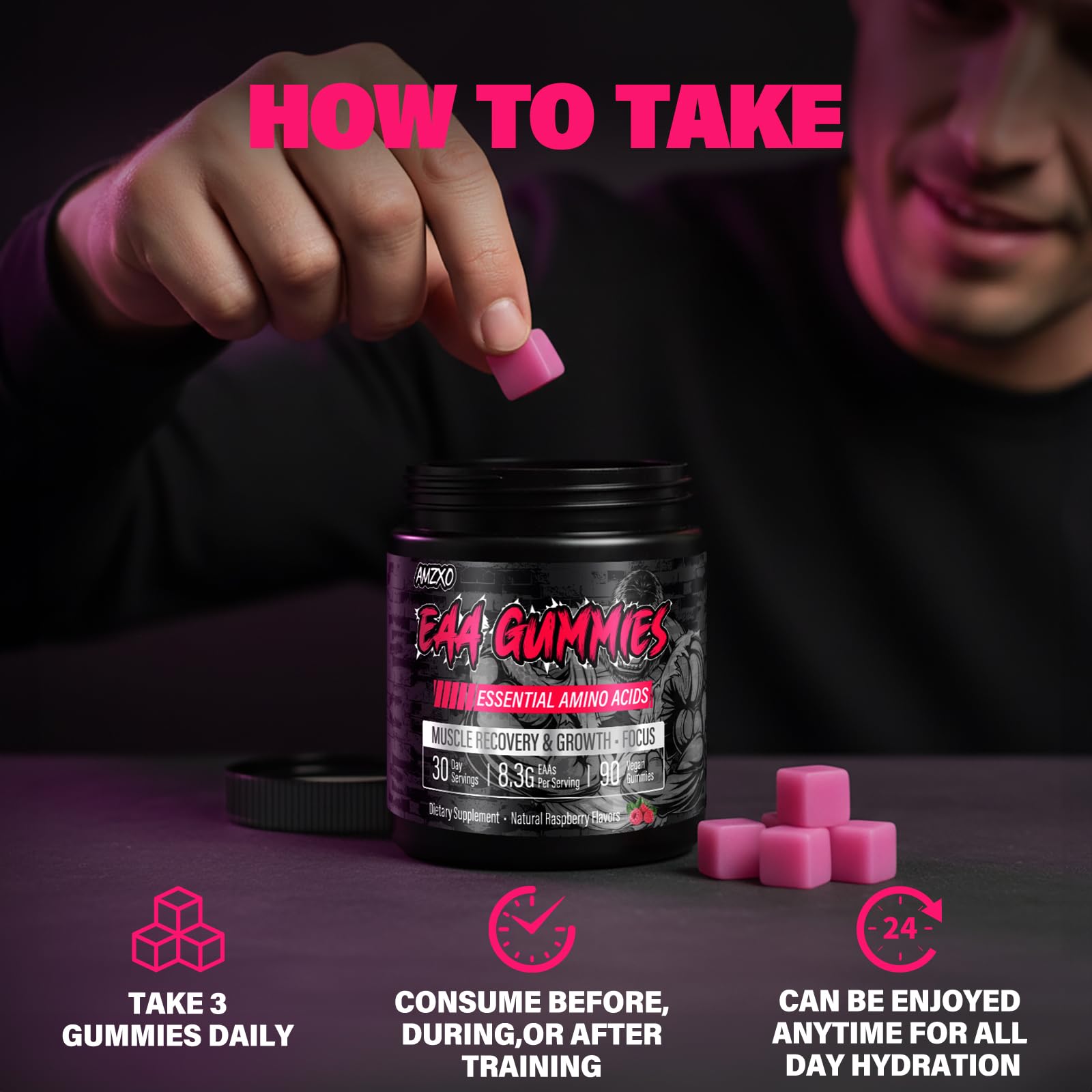 AMZXO BCAA Gummies with a measuring scoop for serving size