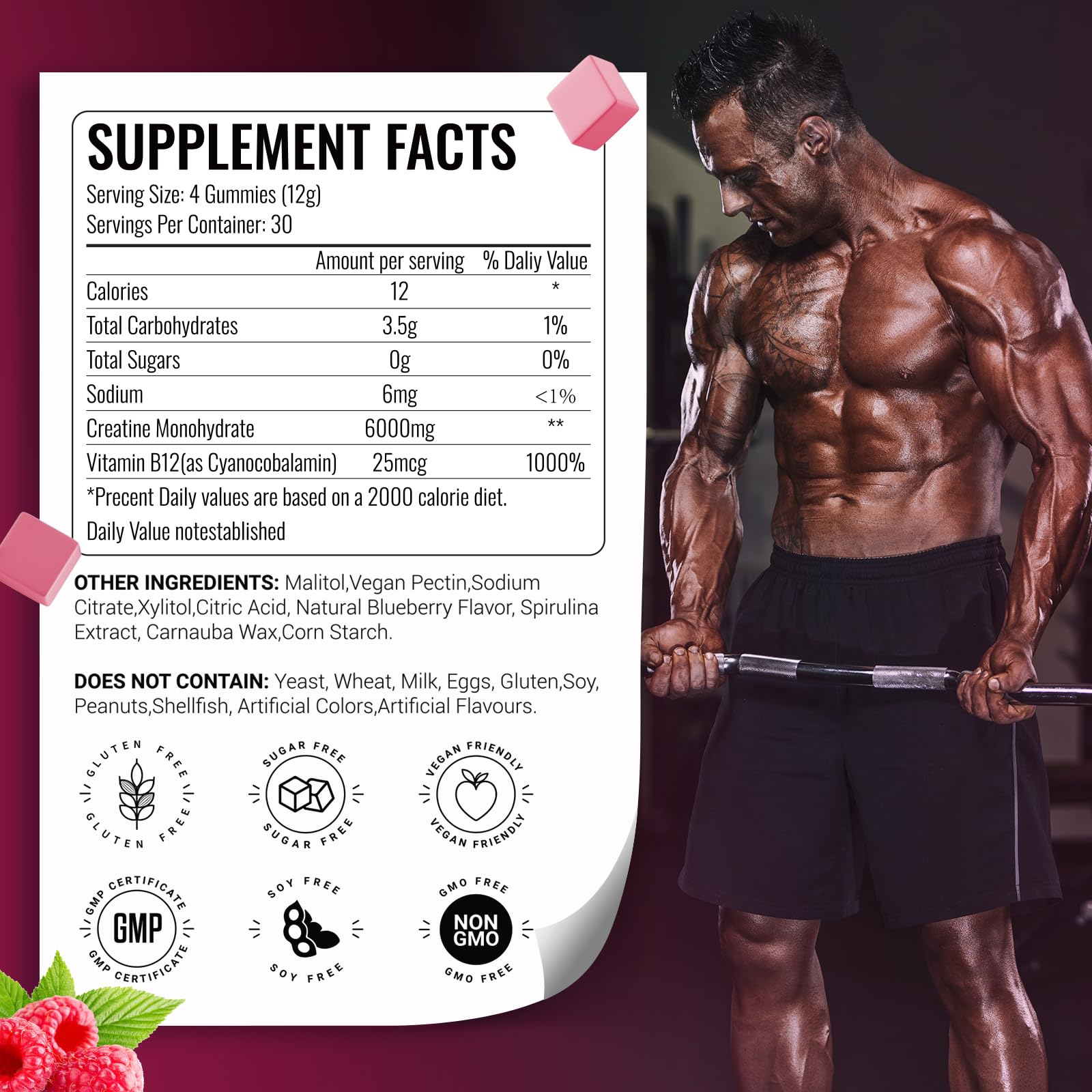 AMZXO Creatine Gummies displayed with fitness accessories