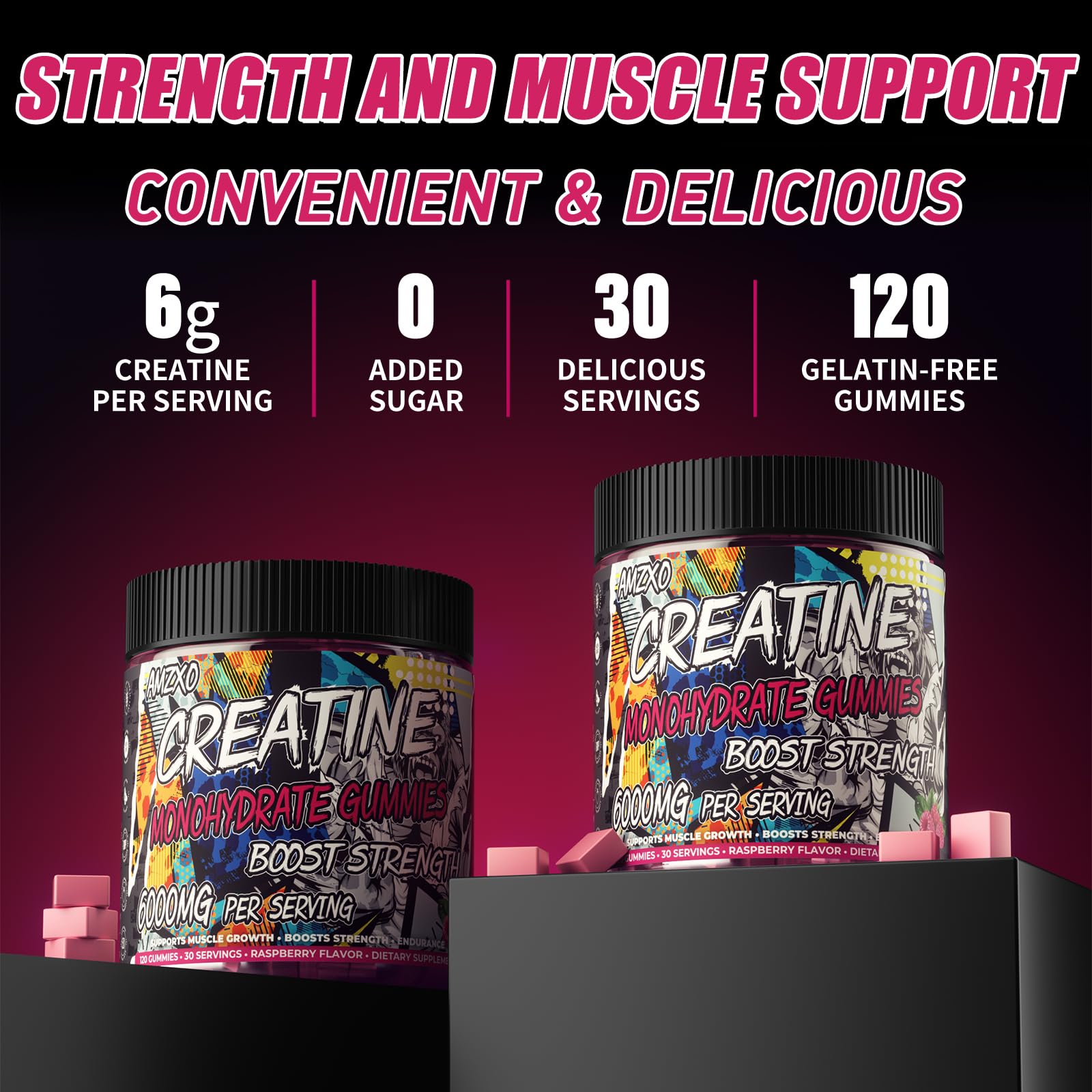 AMZXO Creatine Gummies on a wooden table