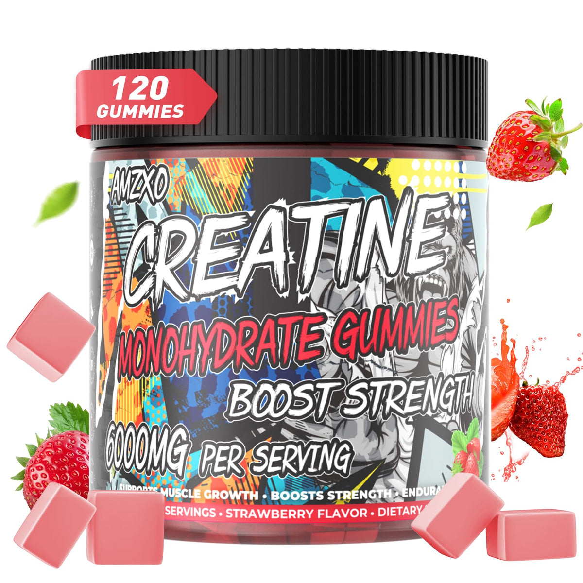 AMZXO Creatine Monohydrate Gummies bottle front view with 120 gummies