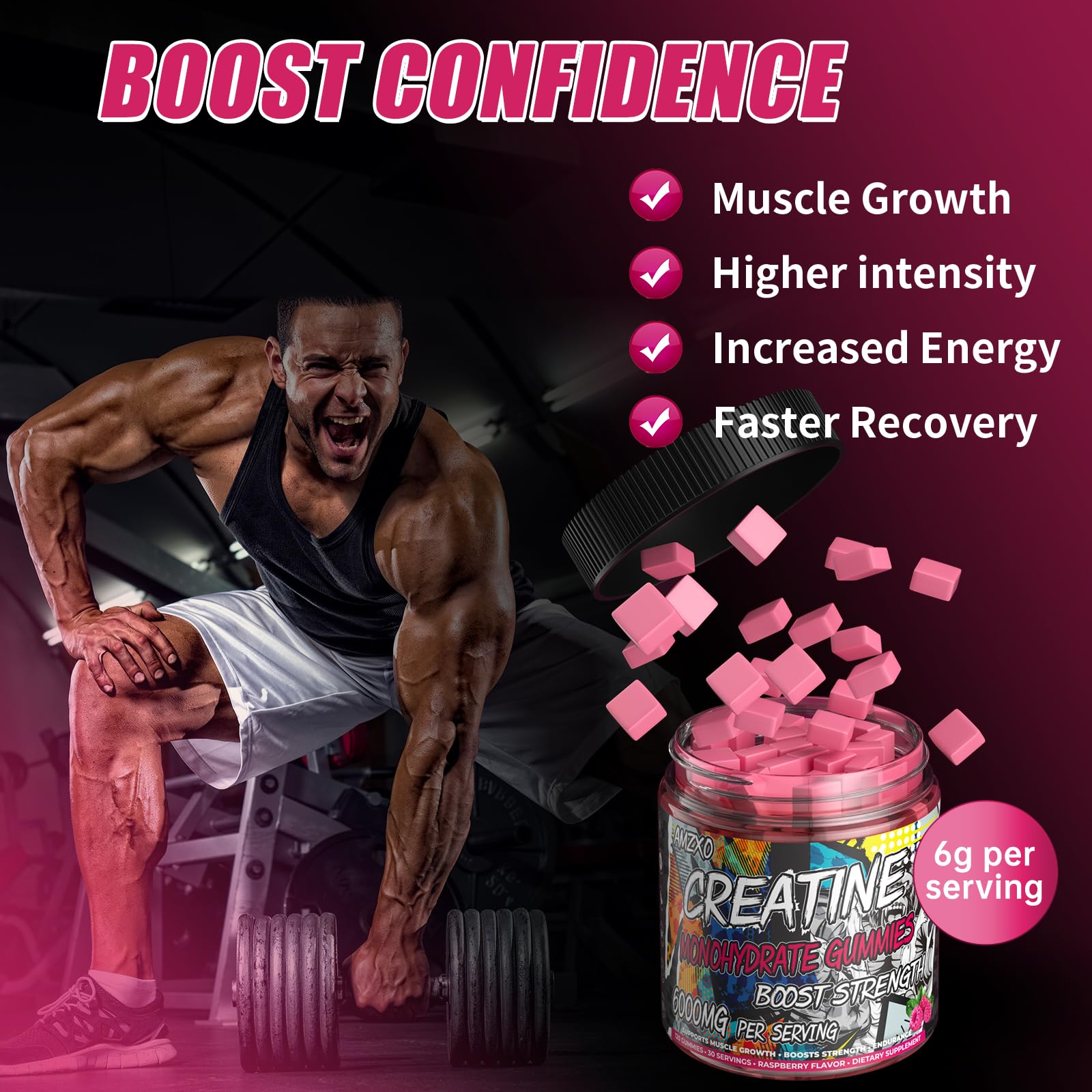 AMZXO Creatine Monohydrate Gummies showing serving size
