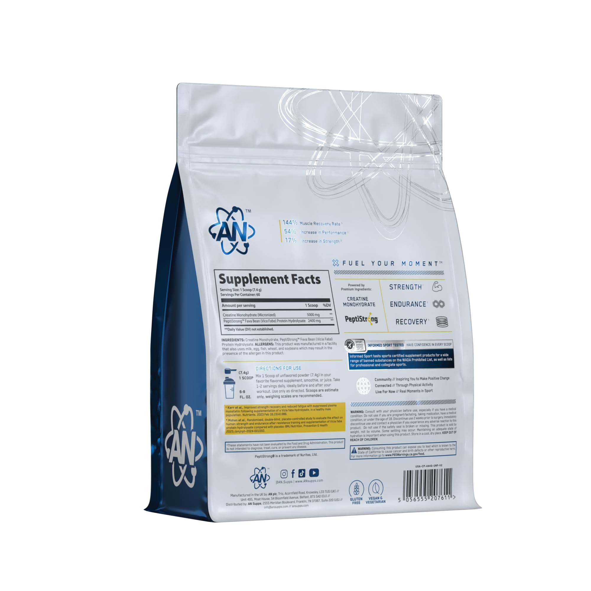 AN Performance Creatine + Peptide 444g on a gym bench