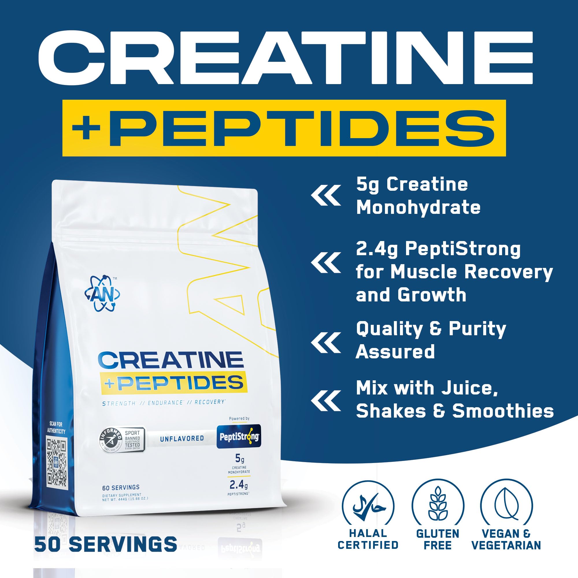 AN Performance Creatine + Peptide 444g side view
