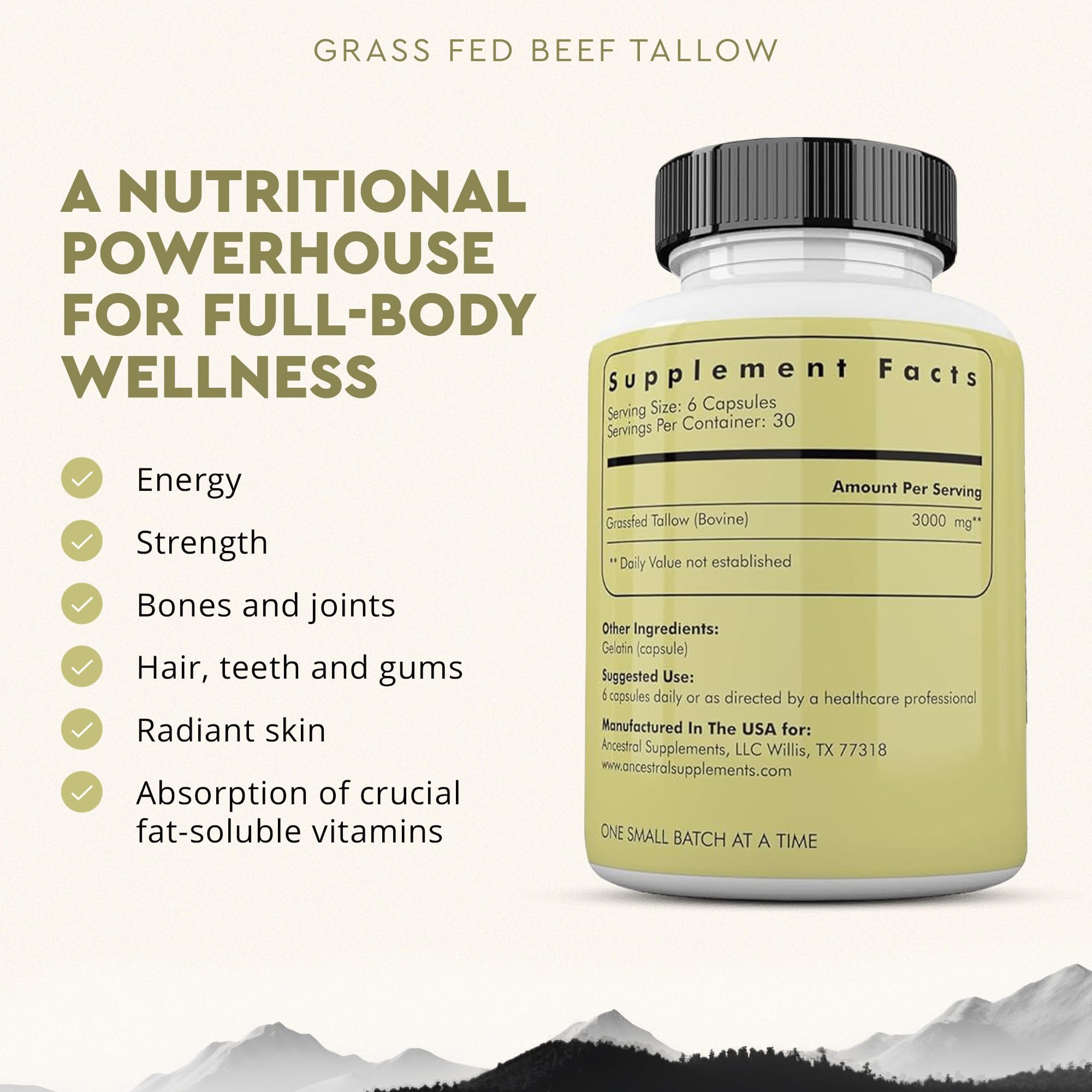 Ancestral Supplements Beef Tallow Capsules 500mg side view