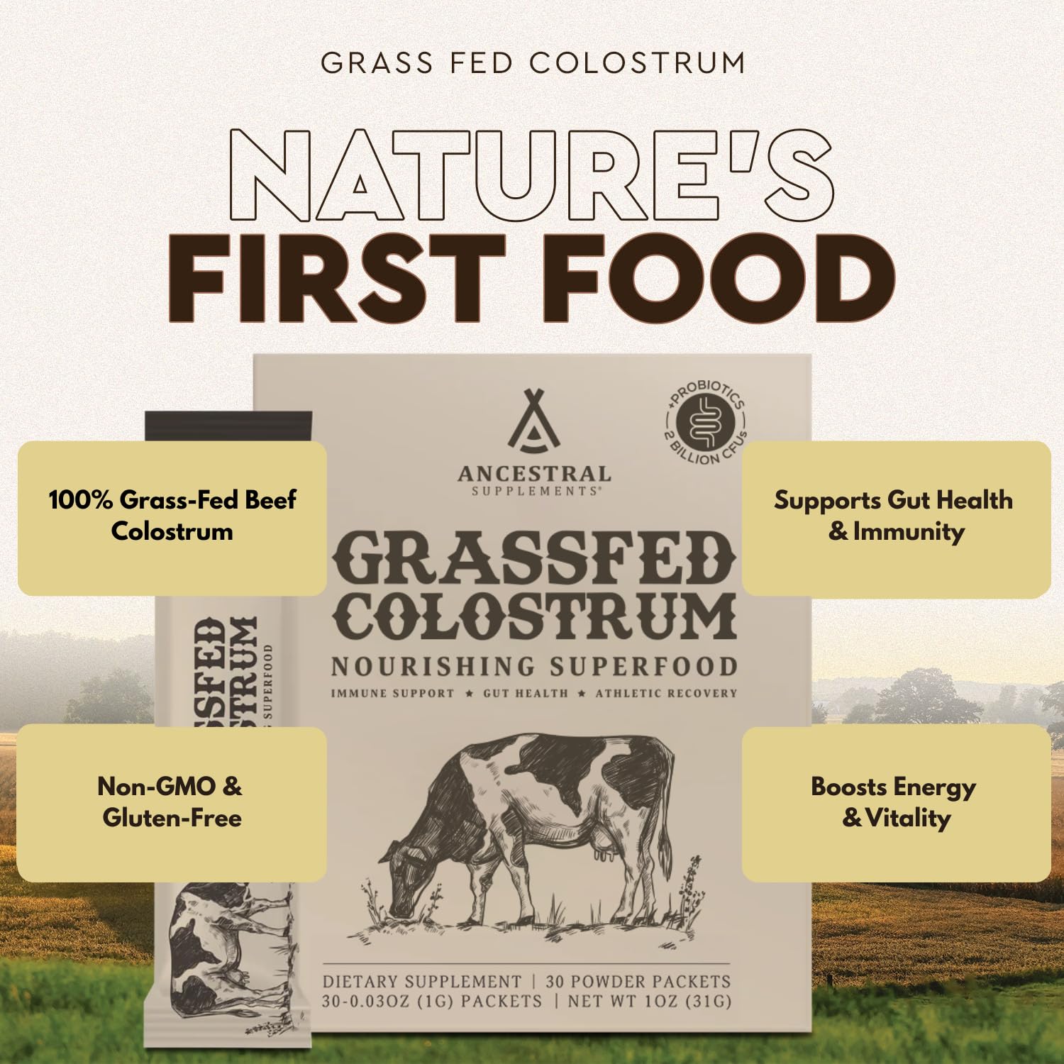 Ancestral Supplements Colostrum Powder back view with nutritional information