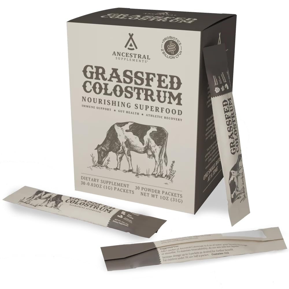 Ancestral Supplements Colostrum Powder front view with packaging