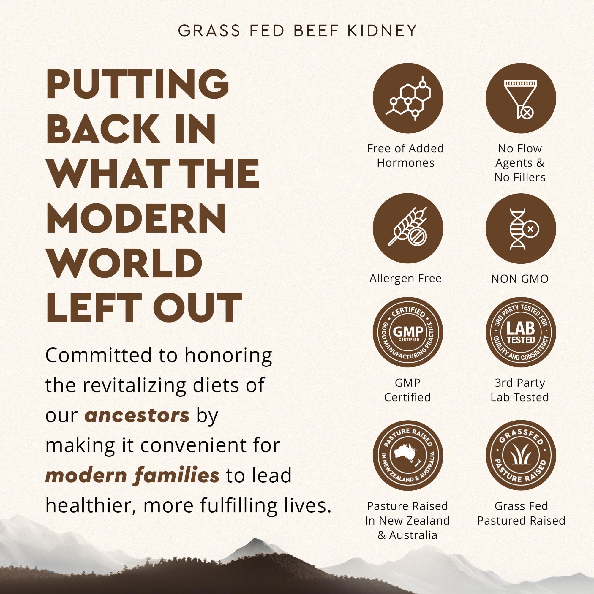 Ancestral Supplements Kidney Health Capsules displayed with grass-fed beef