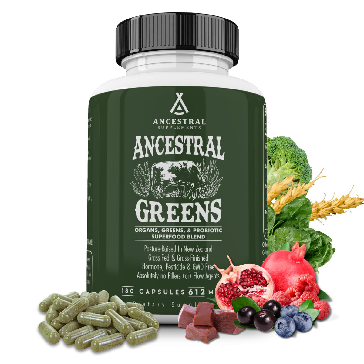 Ancestral Supplements Super Greens Capsules front view with packaging