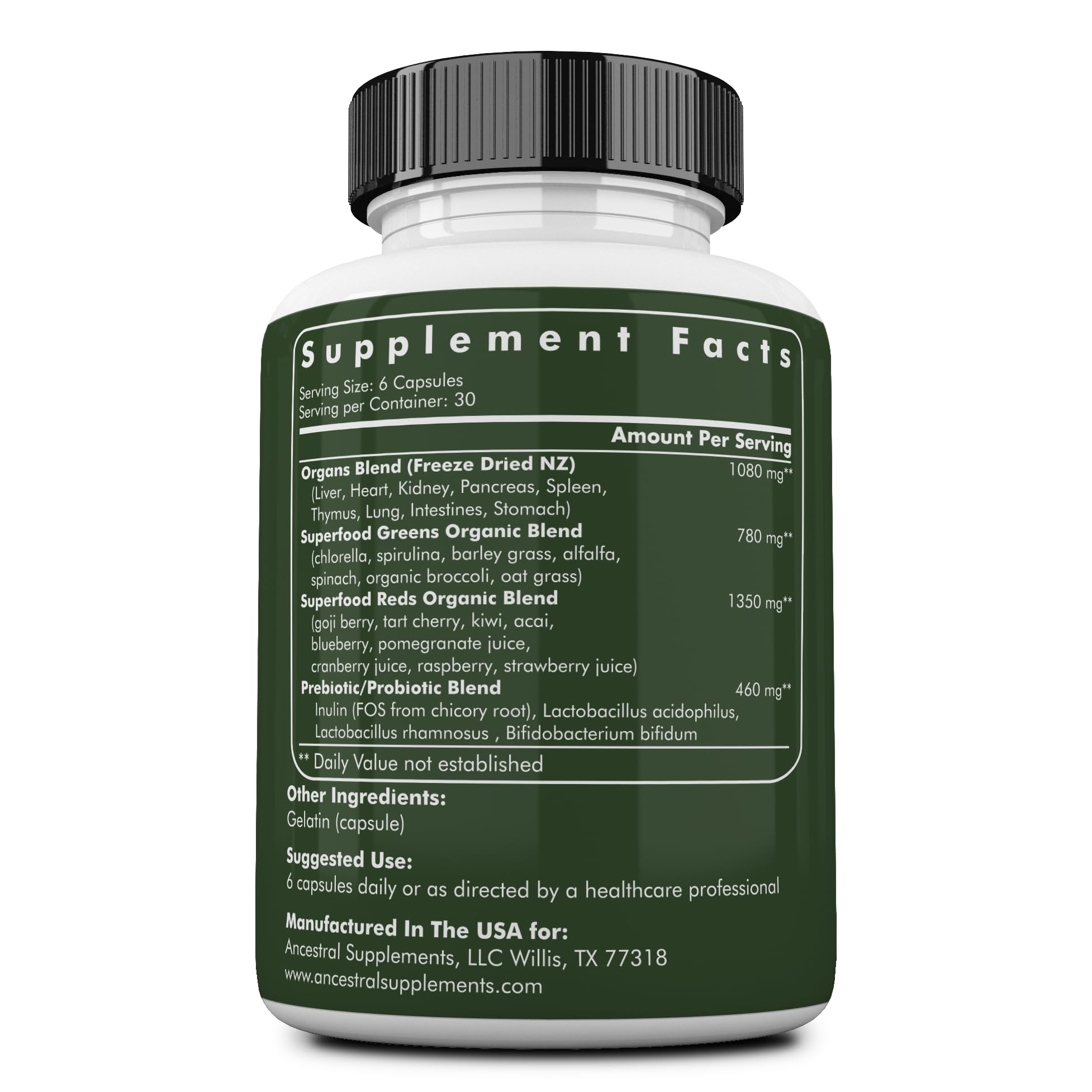 Ancestral Supplements Super Greens Capsules side view showing capsule size