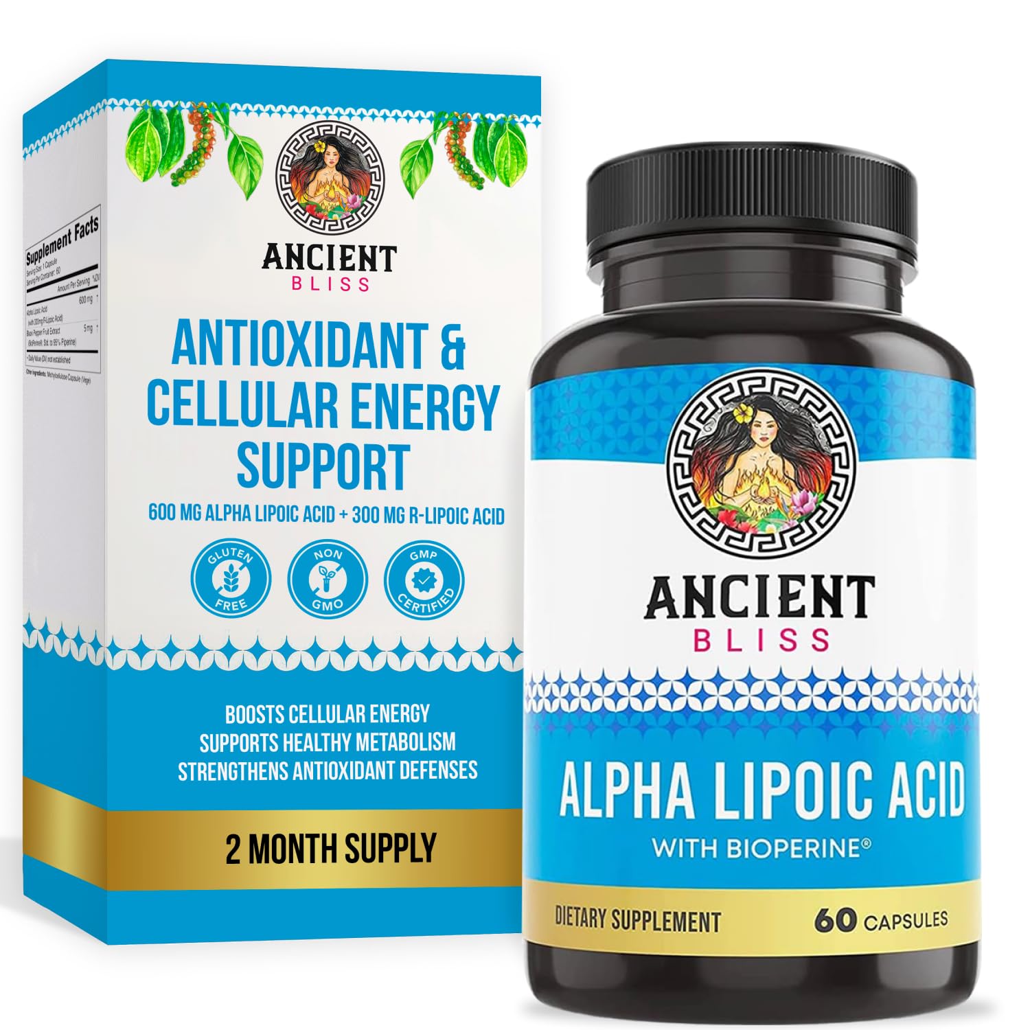Ancient Bliss Alpha Lipoic Acid 600 mg Capsules bottle front view