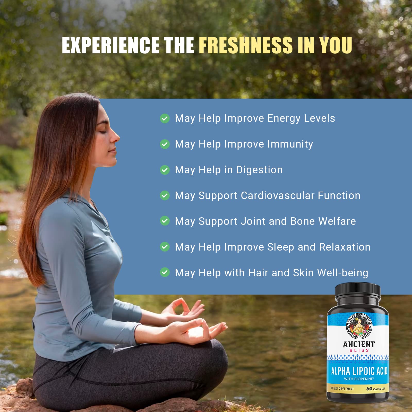 Ancient Bliss Alpha Lipoic Acid 600 mg Capsules on a wooden table