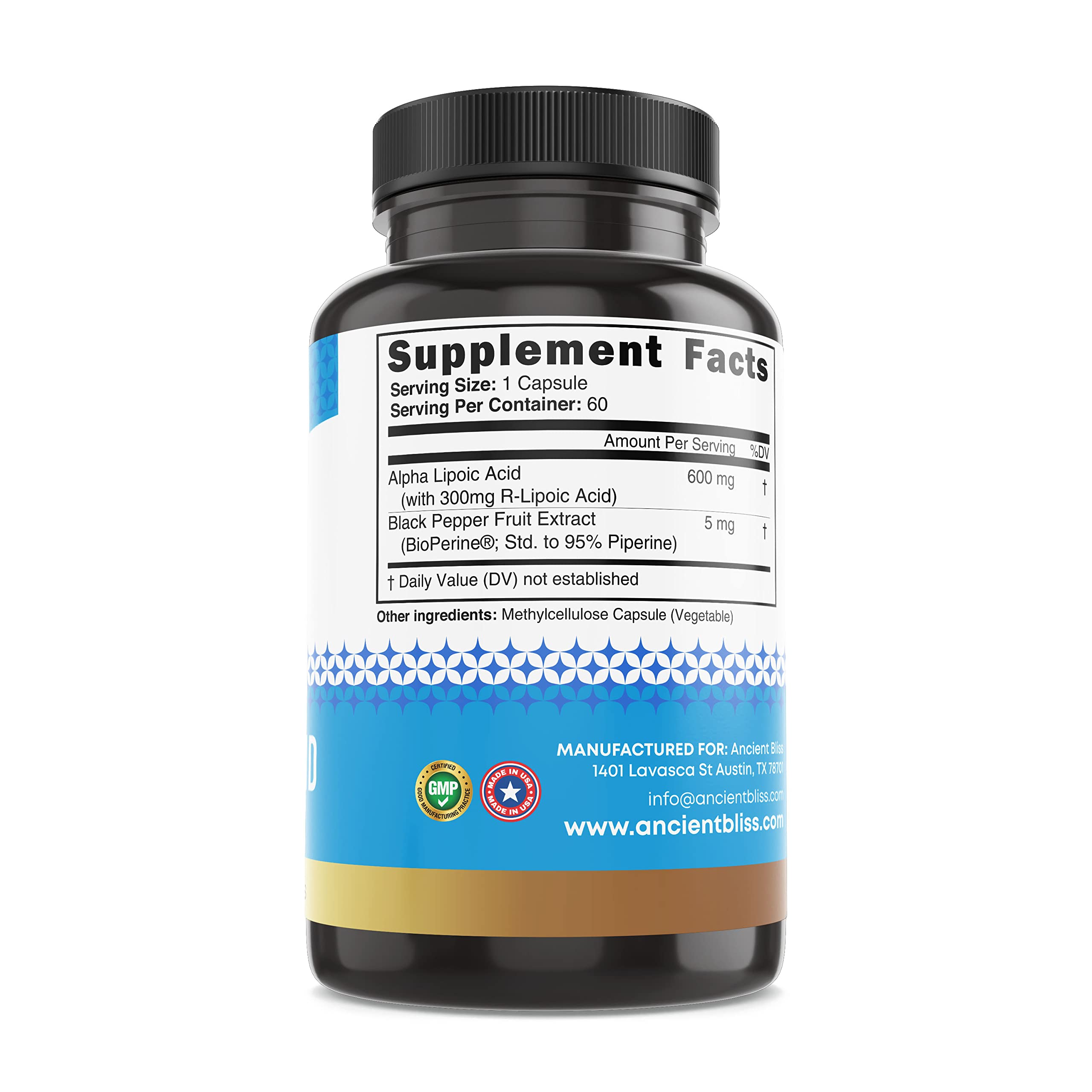 Ancient Bliss Alpha Lipoic Acid 600 mg Capsules with measuring spoon