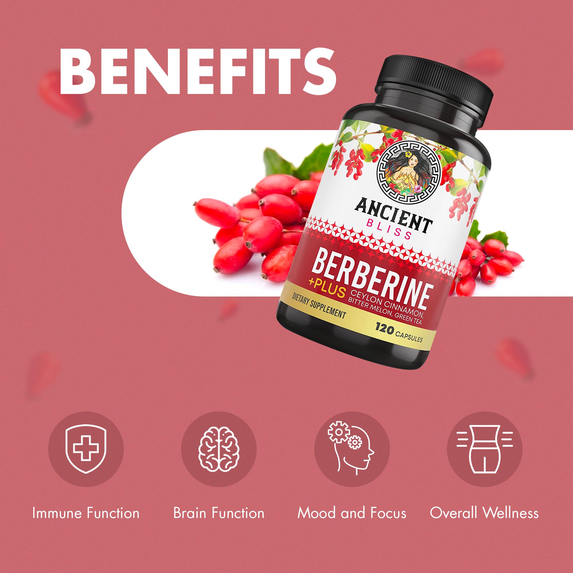 Ancient Bliss Berberine Supplement capsules in a glass