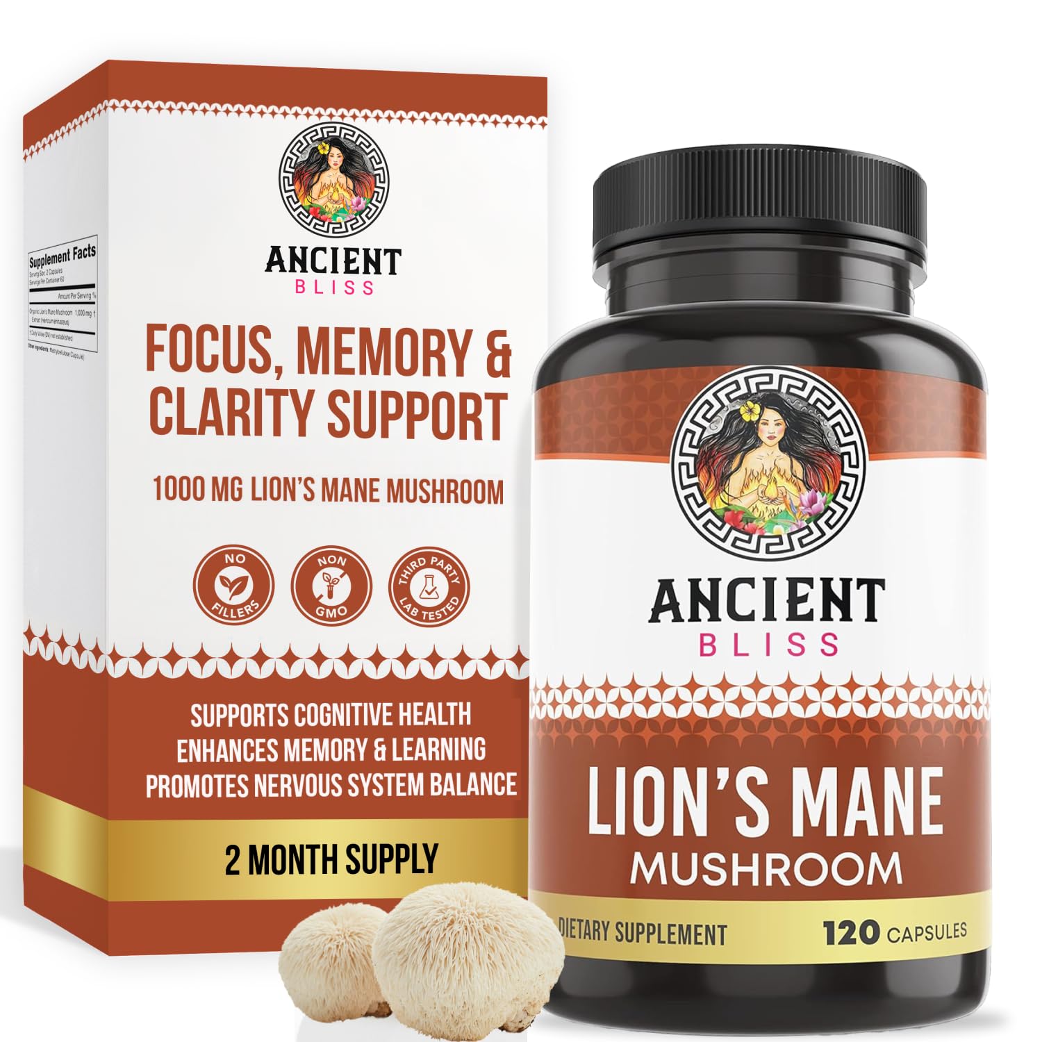 Ancient Bliss Lion’s Mane Mushroom Supplement front view