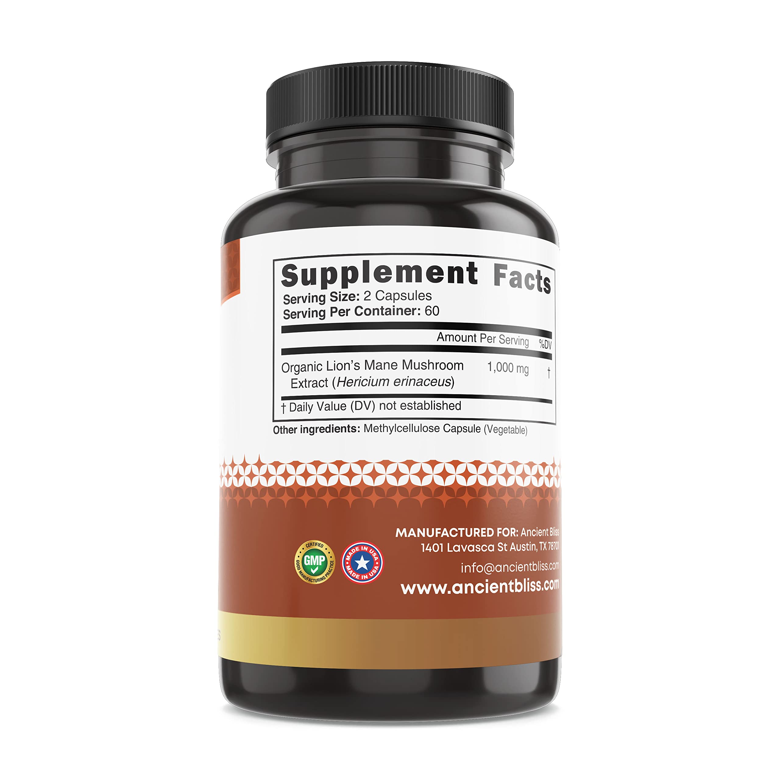 Ancient Bliss Lion’s Mane Mushroom Supplement side view