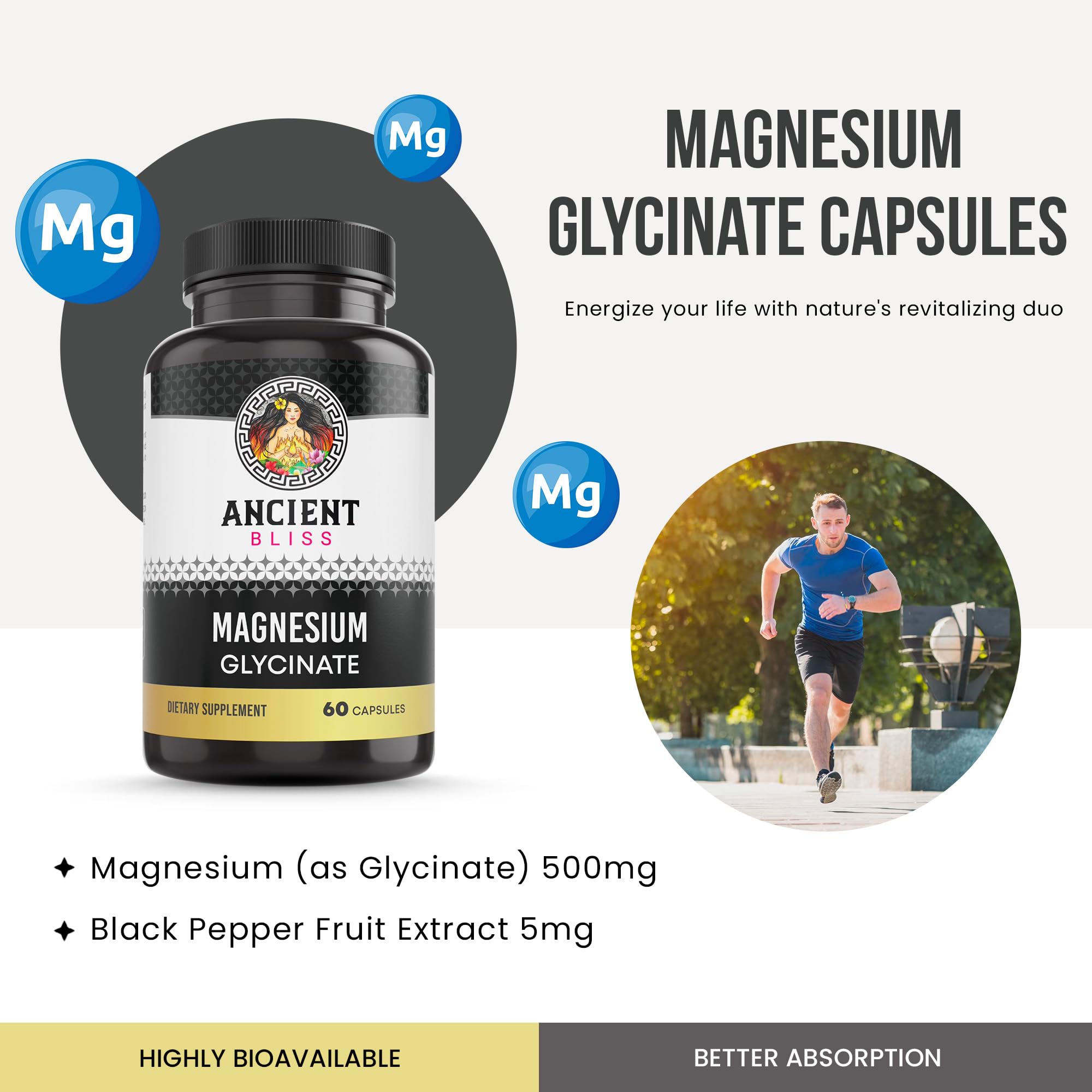 Ancient Bliss Magnesium Glycinate Capsules side view with label