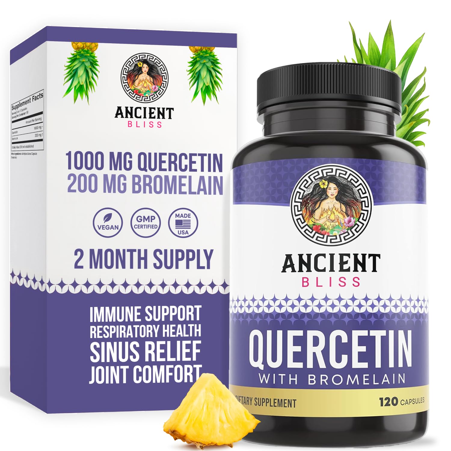 Ancient Bliss Quercetin Bromelain Capsules 120 count front view
