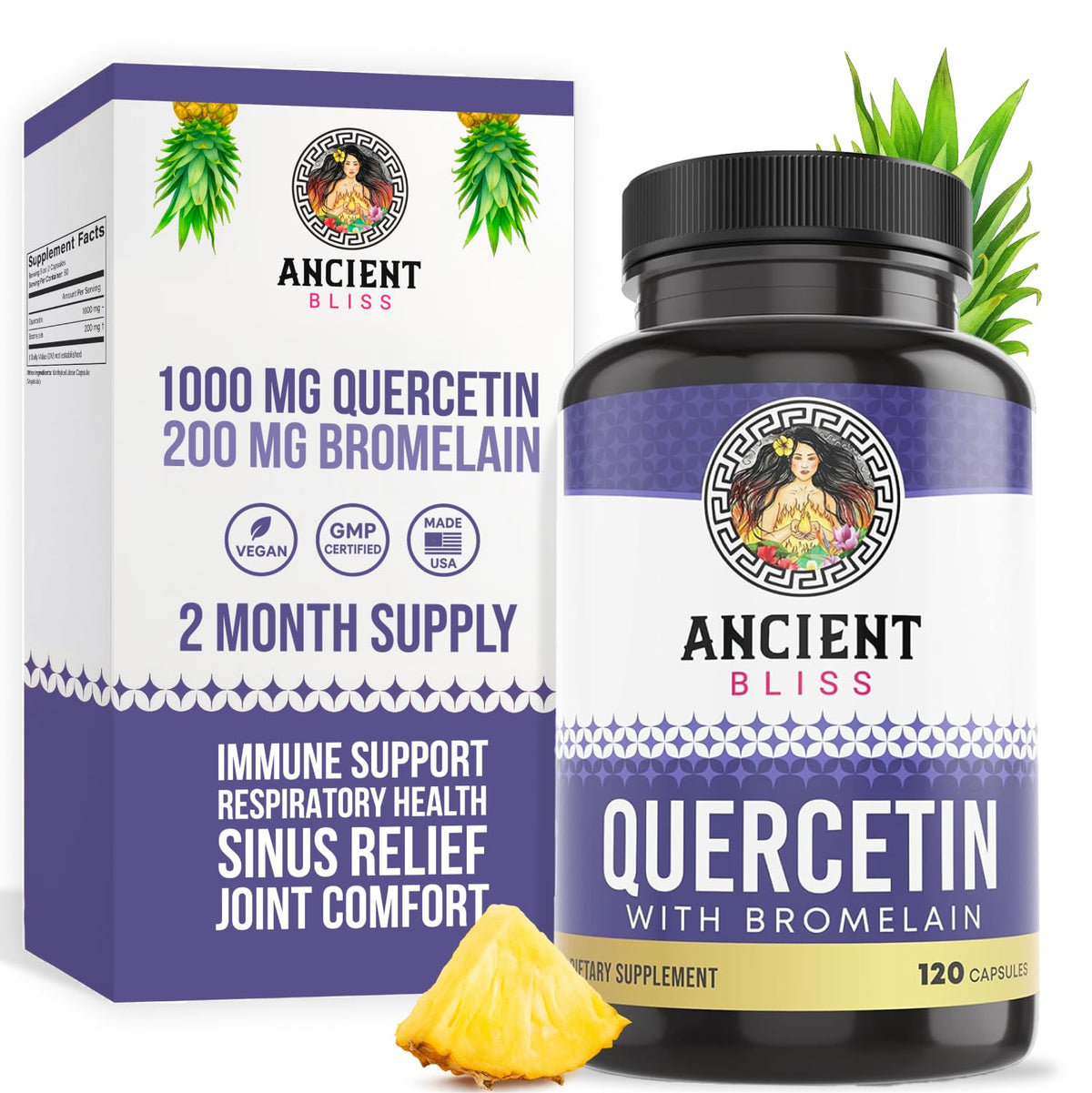 Ancient Bliss Quercetin Bromelain Capsules 120 count front view