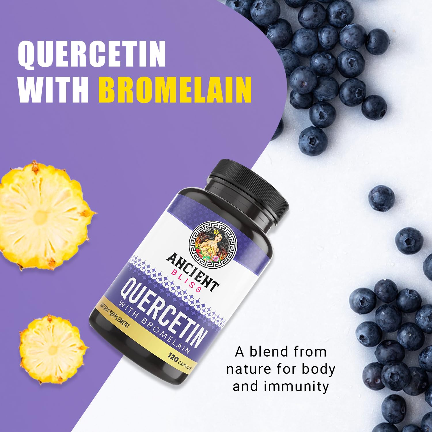 Ancient Bliss Quercetin Bromelain Capsules side view showing label