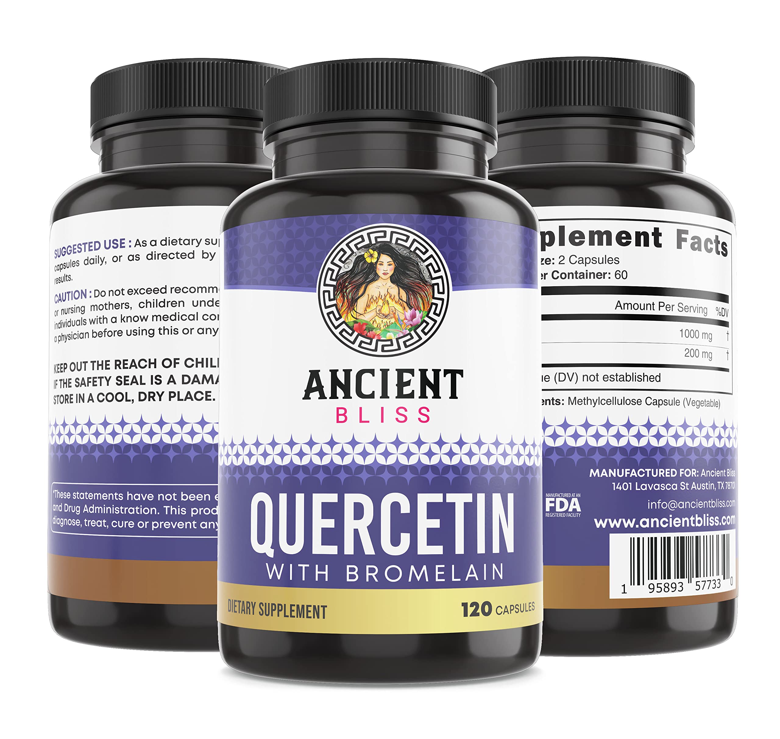 Ancient Bliss Quercetin Bromelain Capsules with a fresh fruit background