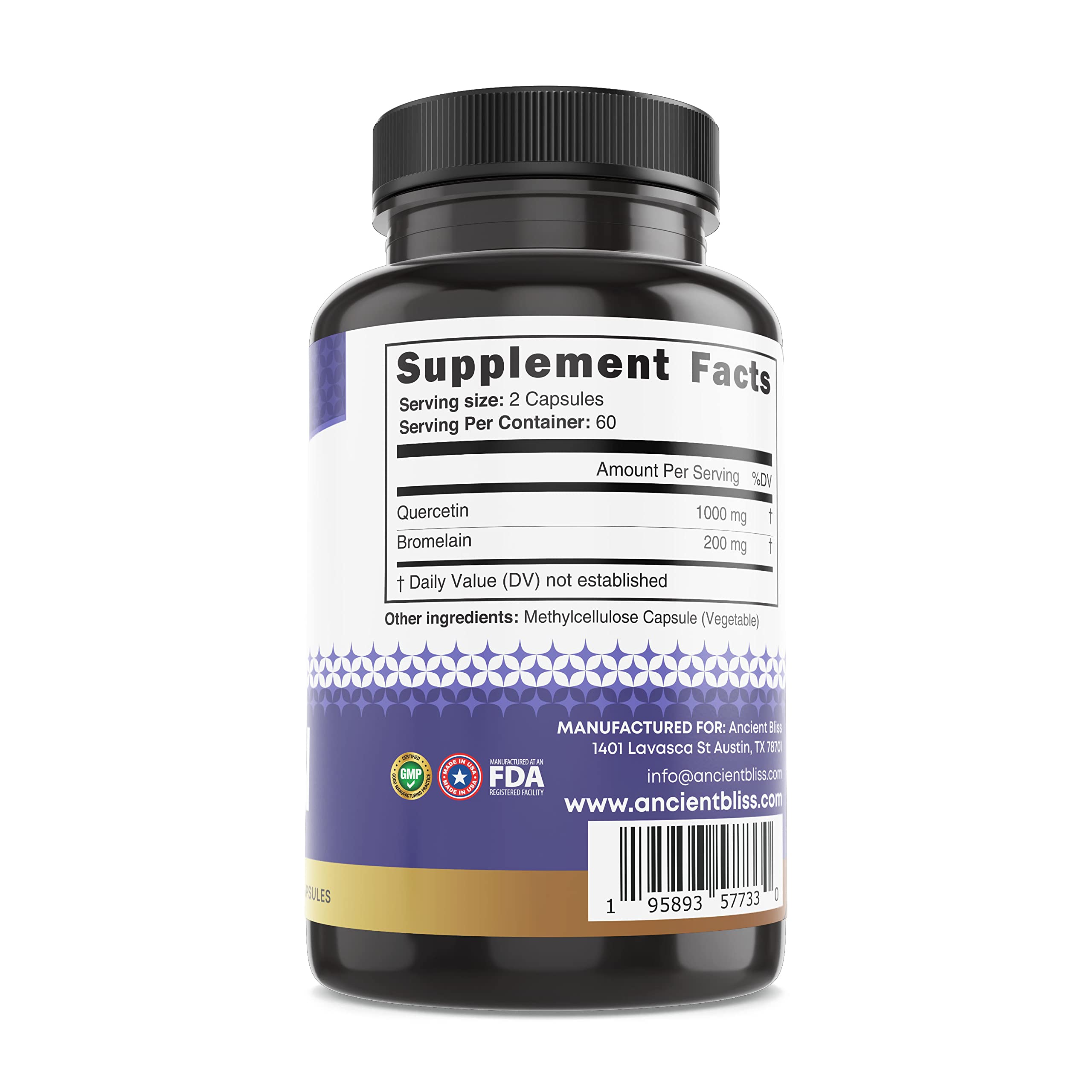 Ancient Bliss Quercetin Bromelain Capsules with a measuring spoon