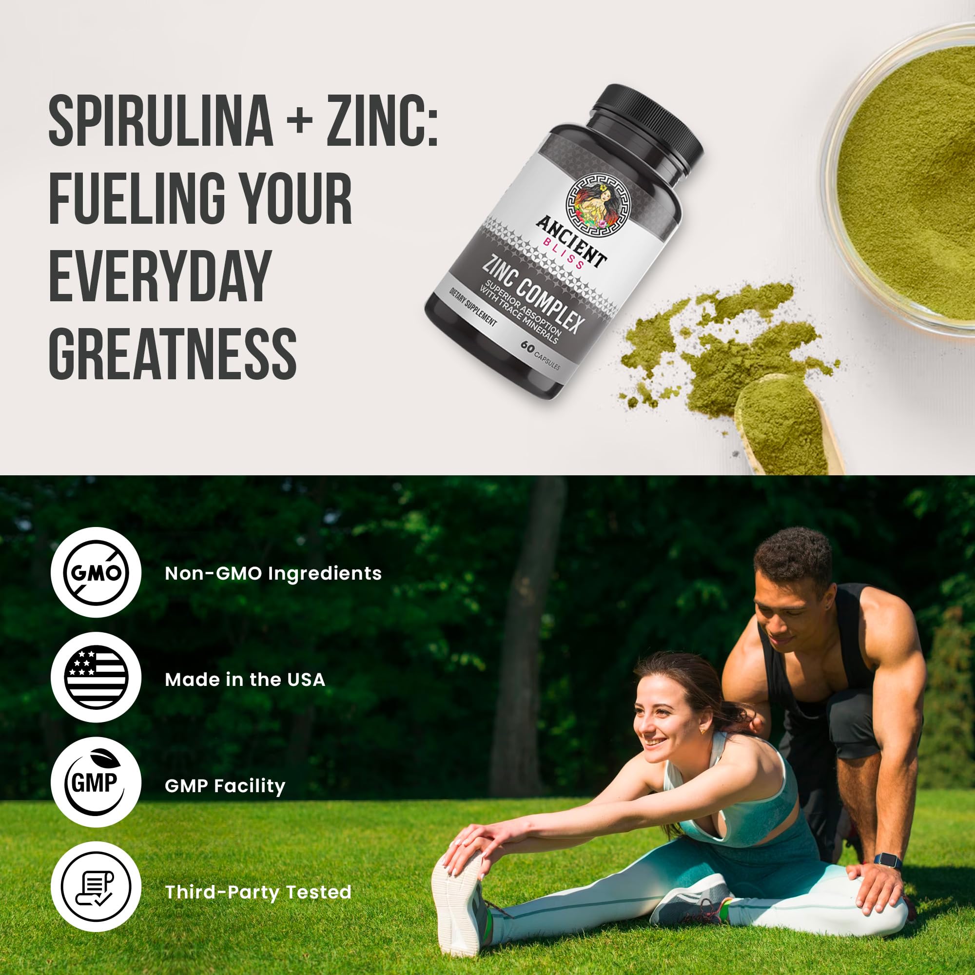 Ancient Bliss Zinc Complex Supplement 50g back view with ingredient list