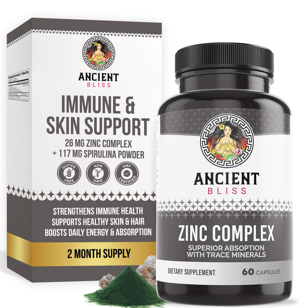 Ancient Bliss Zinc Complex Supplement 50g front view with packaging