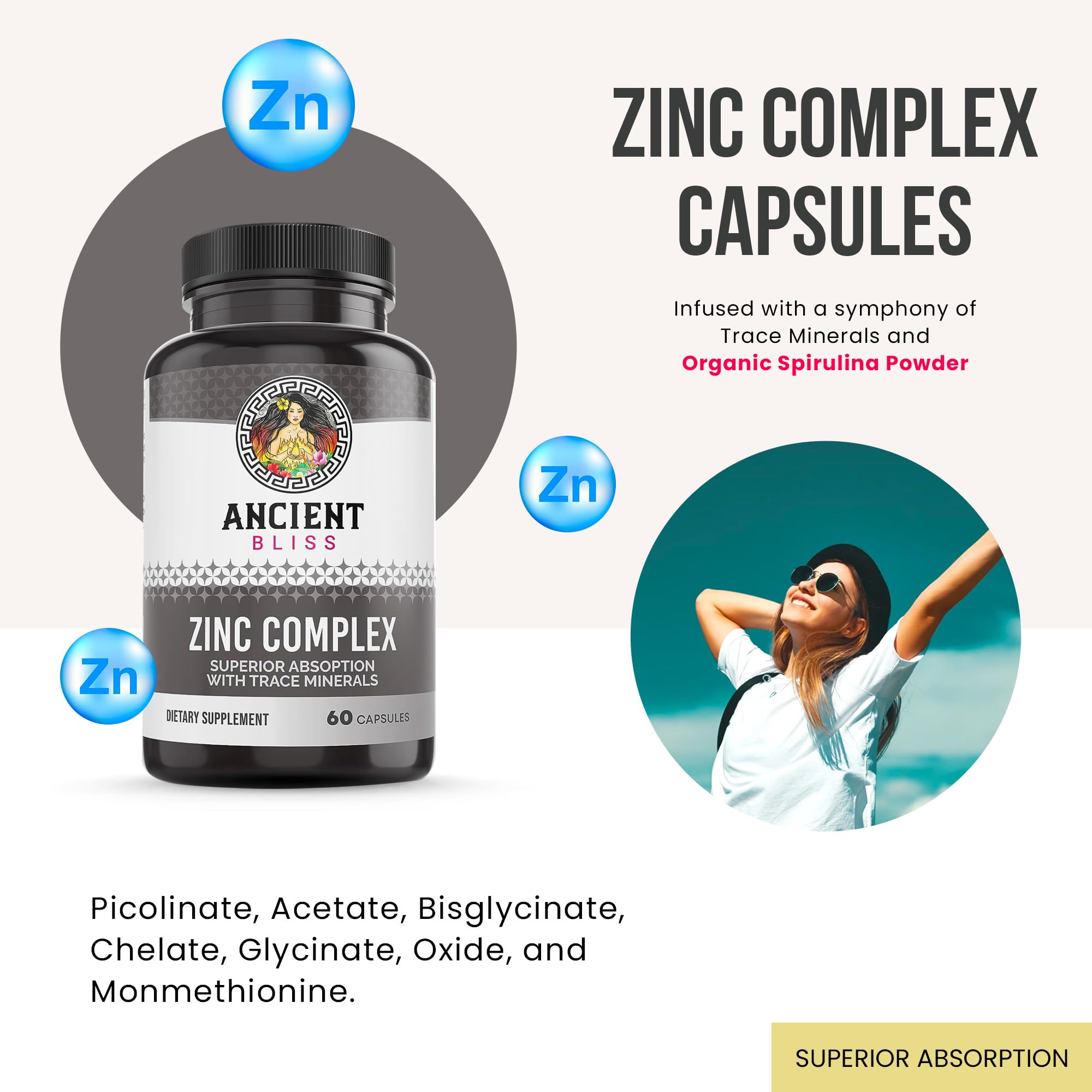 Ancient Bliss Zinc Complex Supplement 50g side view of the bottle