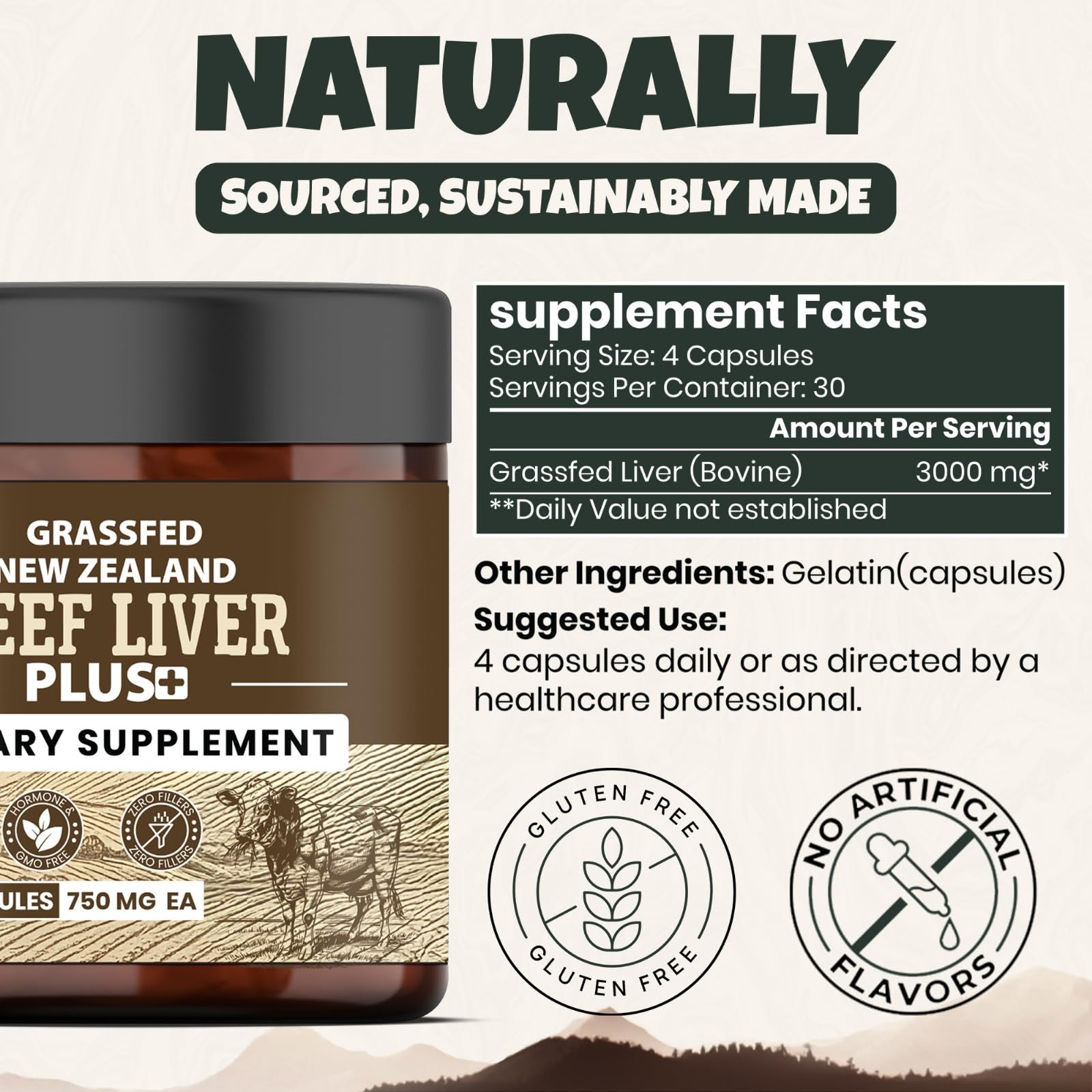 ANCIENT DIOSA Beef Liver Capsules 3000mg bottle side view