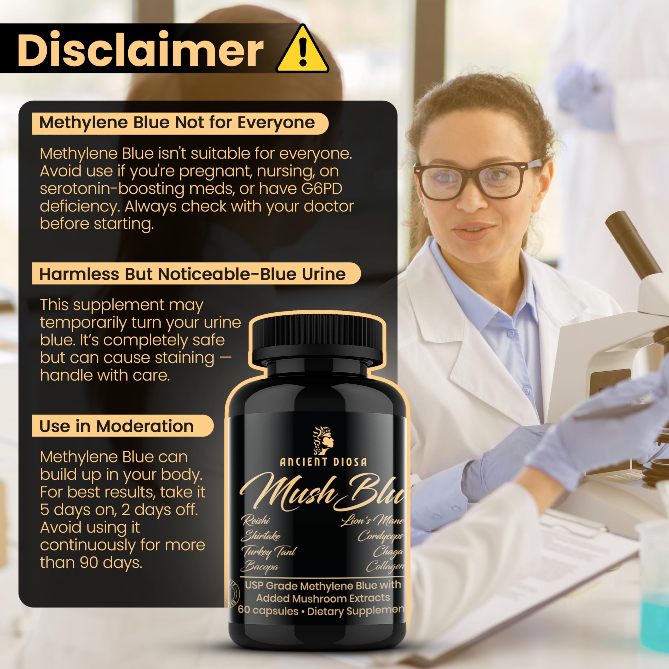 ANCIENT DIOSA Methylene Blue and Mushroom Extract Capsules on a wooden table