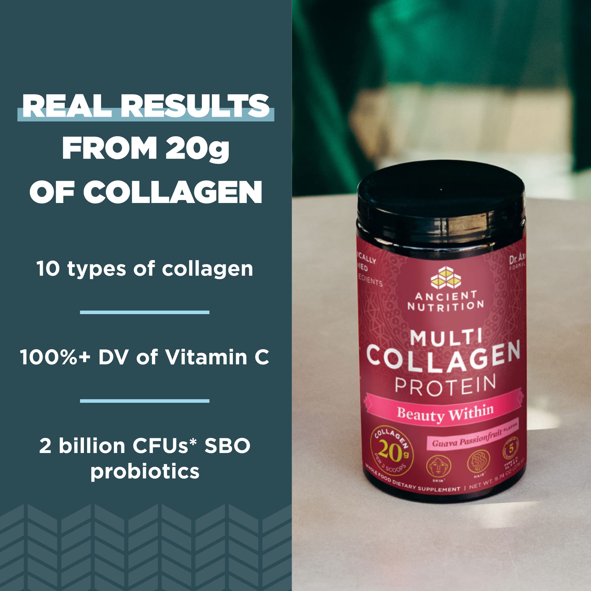 Ancient Nutrition Beauty Within Multi Collagen Powder scoop and powder