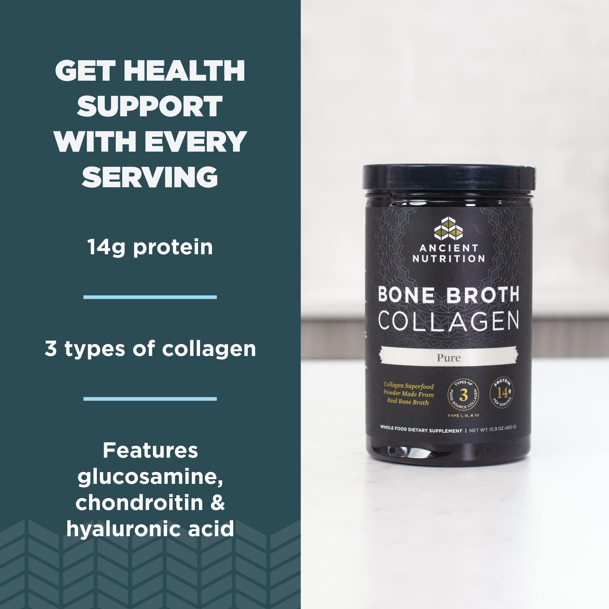 Ancient Nutrition Bone Broth Collagen Powder 451g mixed in a smoothie
