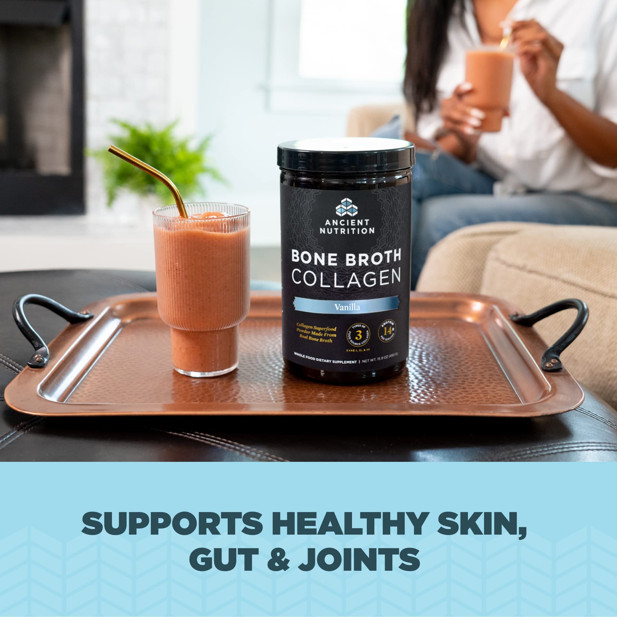 Ancient Nutrition Bone Broth Collagen Powder 519g serving suggestion in a smoothie