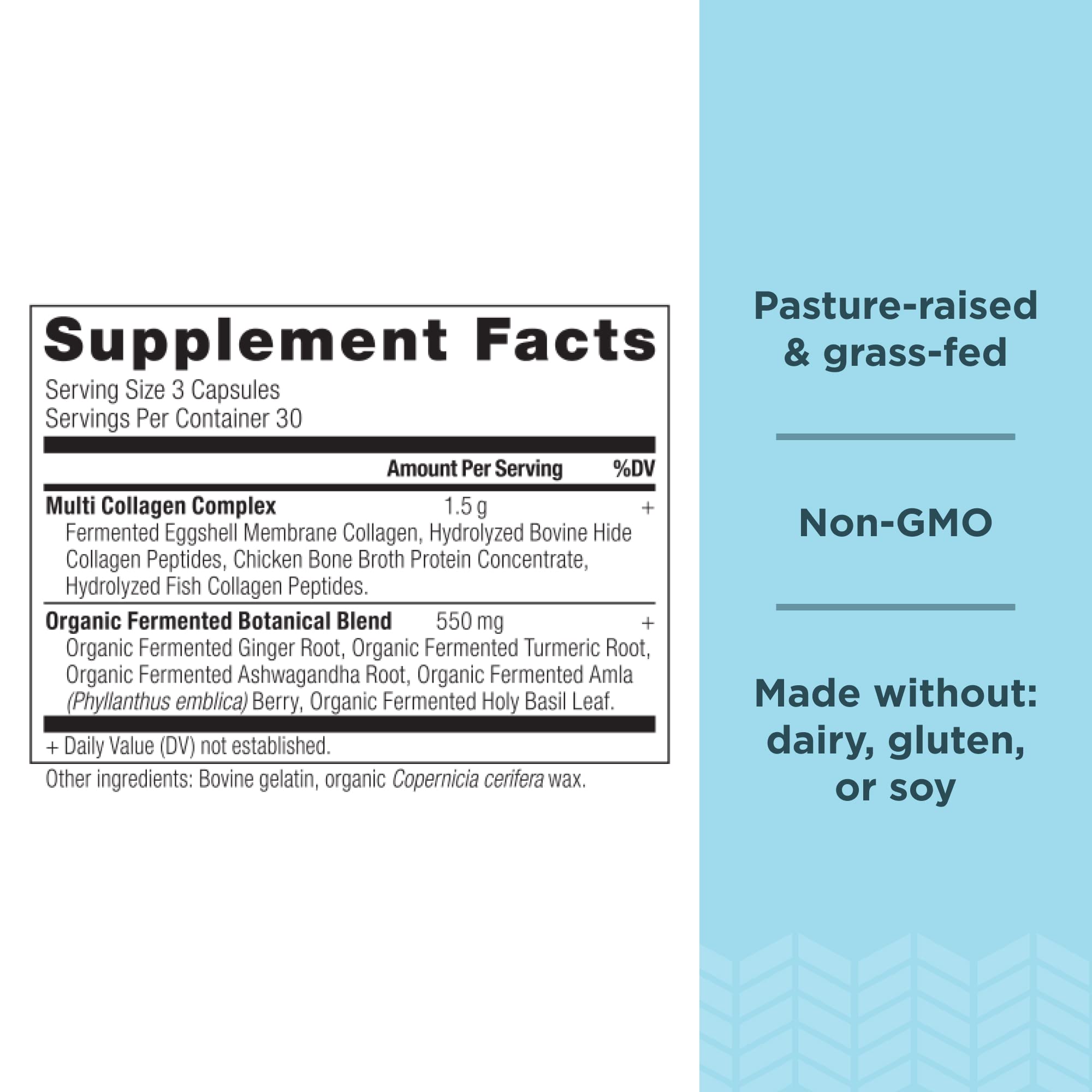 Ancient Nutrition Collagen Capsules side view showing dosage