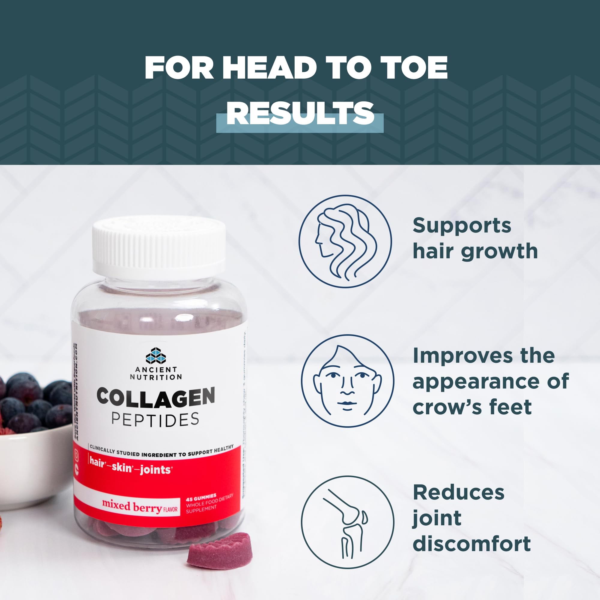Ancient Nutrition Collagen Peptides Gummies Mixed Berry bottle side view