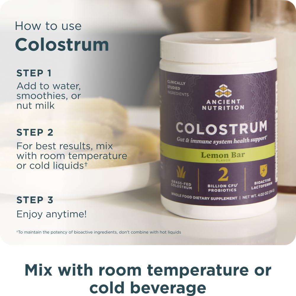 Ancient Nutrition Colostrum Powder 28g mixed in a glass of water