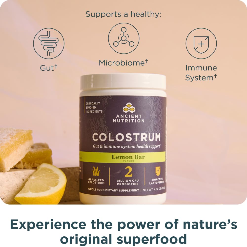 Ancient Nutrition Colostrum Powder 28g side view showing nutritional information