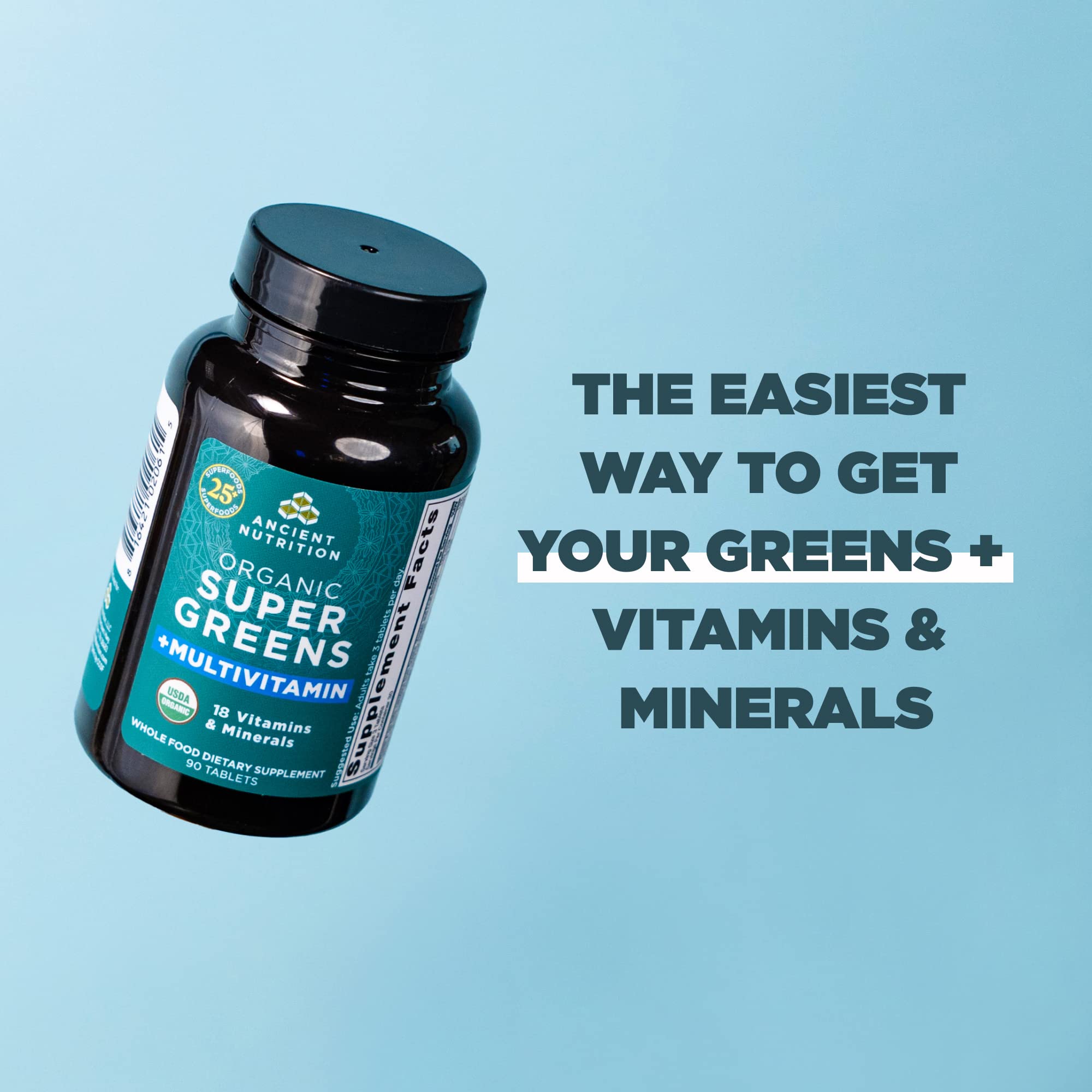 Ancient Nutrition Greens Superfood Blend lifestyle shot with fresh vegetables
