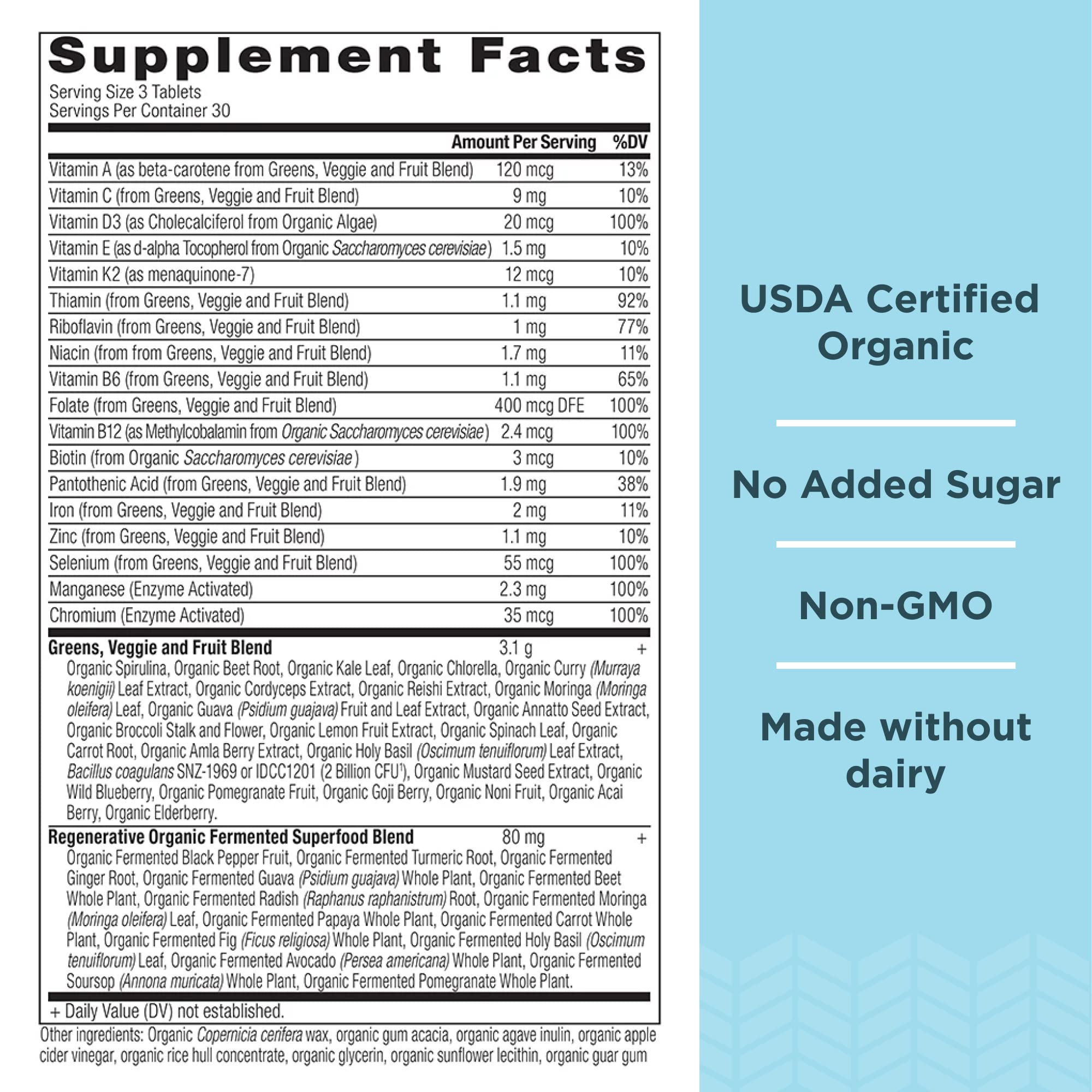 Ancient Nutrition Greens Superfood Blend side view with ingredients list