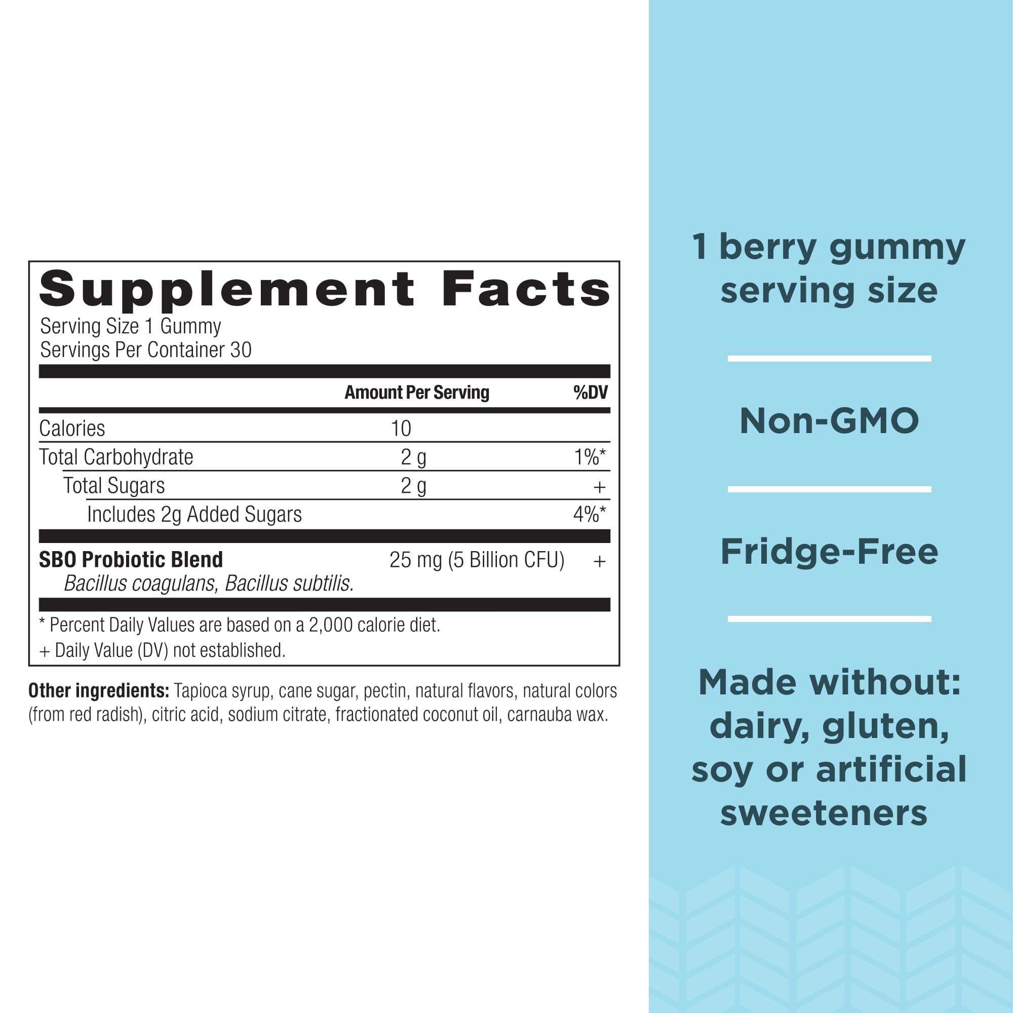 Ancient Nutrition Kids SBO Probiotics Gummies side view showing 30 count