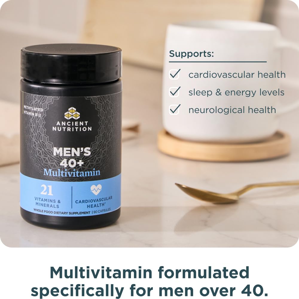Ancient Nutrition Men's 40+ Multivitamin supplement bottle with a glass of water