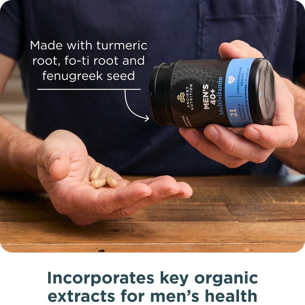 Ancient Nutrition Men's 40+ Multivitamin supplement capsules in a hand
