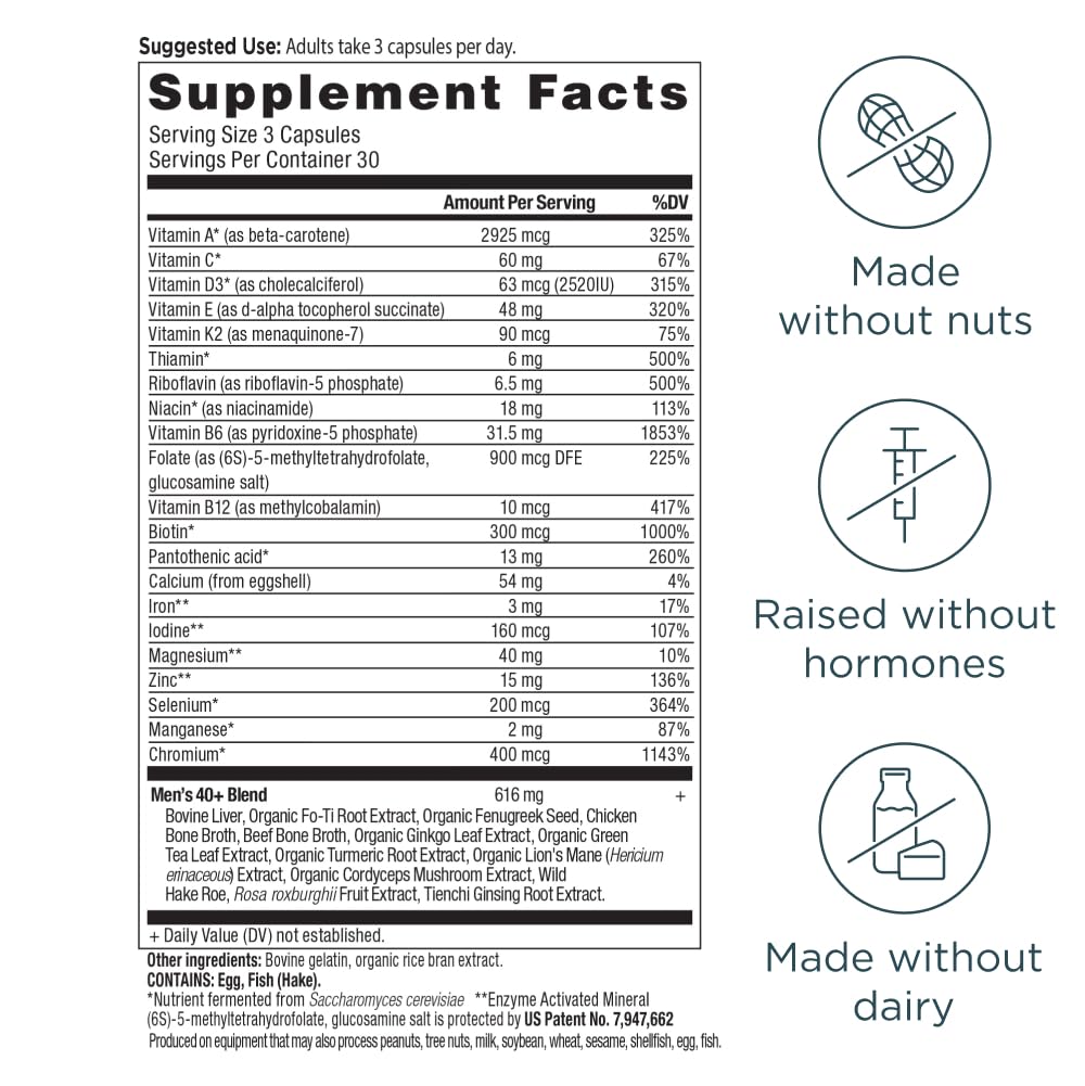 Ancient Nutrition Men's 40+ Multivitamin supplement capsules on a wooden table