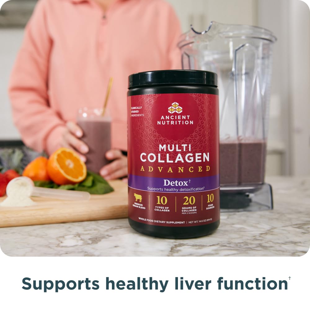 Ancient Nutrition Multi Collagen Advanced 508g scoop and powder