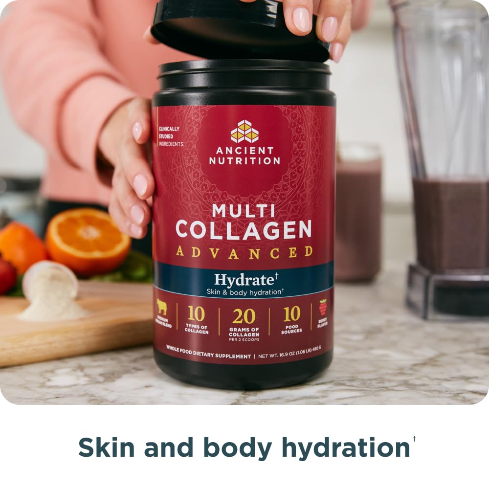 Ancient Nutrition Multi Collagen Advanced Hydrate displayed with hydration ingredients