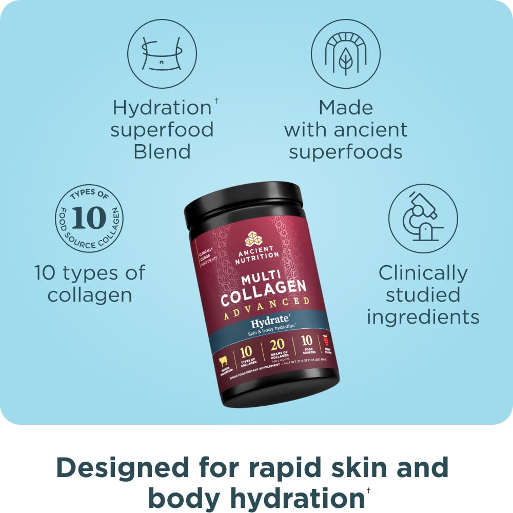 Ancient Nutrition Multi Collagen Advanced Hydrate side view showing nutrition label
