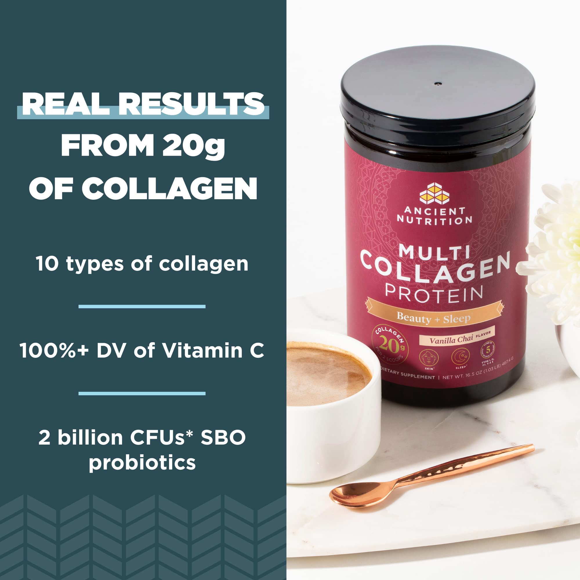 Ancient Nutrition Multi Collagen Protein Beauty + Sleep 455g scoop with powder